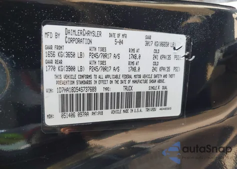 2004 Dodge Ram 1500 Slt/Laramie z USA, uszkodzony, nr VIN 1D7HA18D54S737689